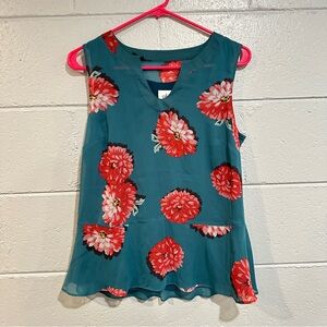 CAbi 3445 Blushing Floral Sleeveless Top • Peplum Ruffle • Teal & Red Tank